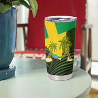Saint Kitts and Nevis Apparel Tumbler Cup with Coat of Arms, Palm Trees, and Hammock Graphic in Tropical Green and Flag-Inspired Design - Wonder Print Shop