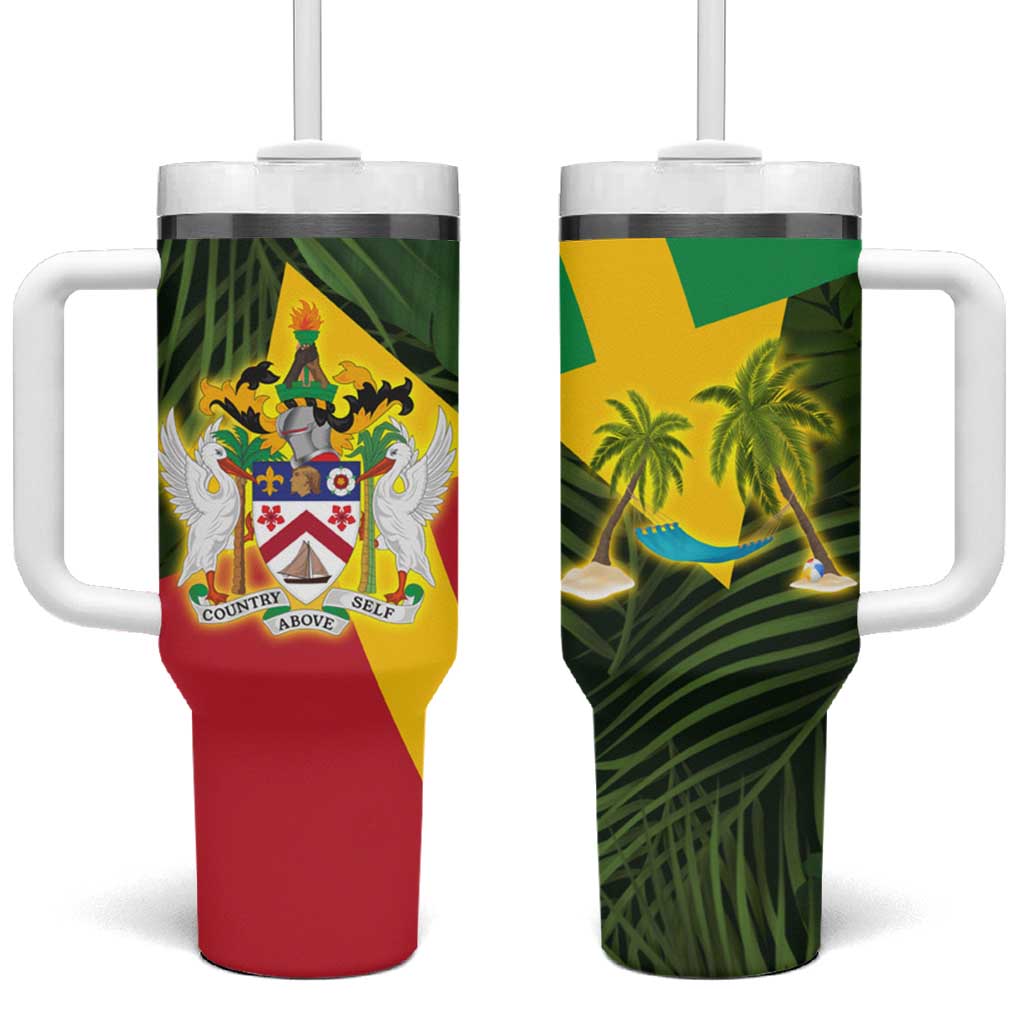 Saint Kitts and Nevis Apparel Tumbler With Handle with Coat of Arms, Palm Trees, and Hammock Graphic in Tropical Green and Flag-Inspired Design - Wonder Print Shop