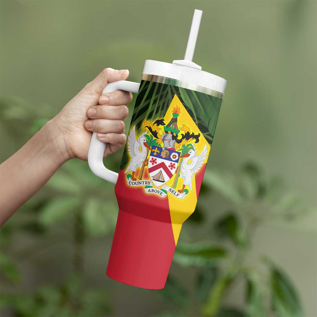 Saint Kitts and Nevis Apparel Tumbler With Handle with Coat of Arms, Palm Trees, and Hammock Graphic in Tropical Green and Flag-Inspired Design - Wonder Print Shop