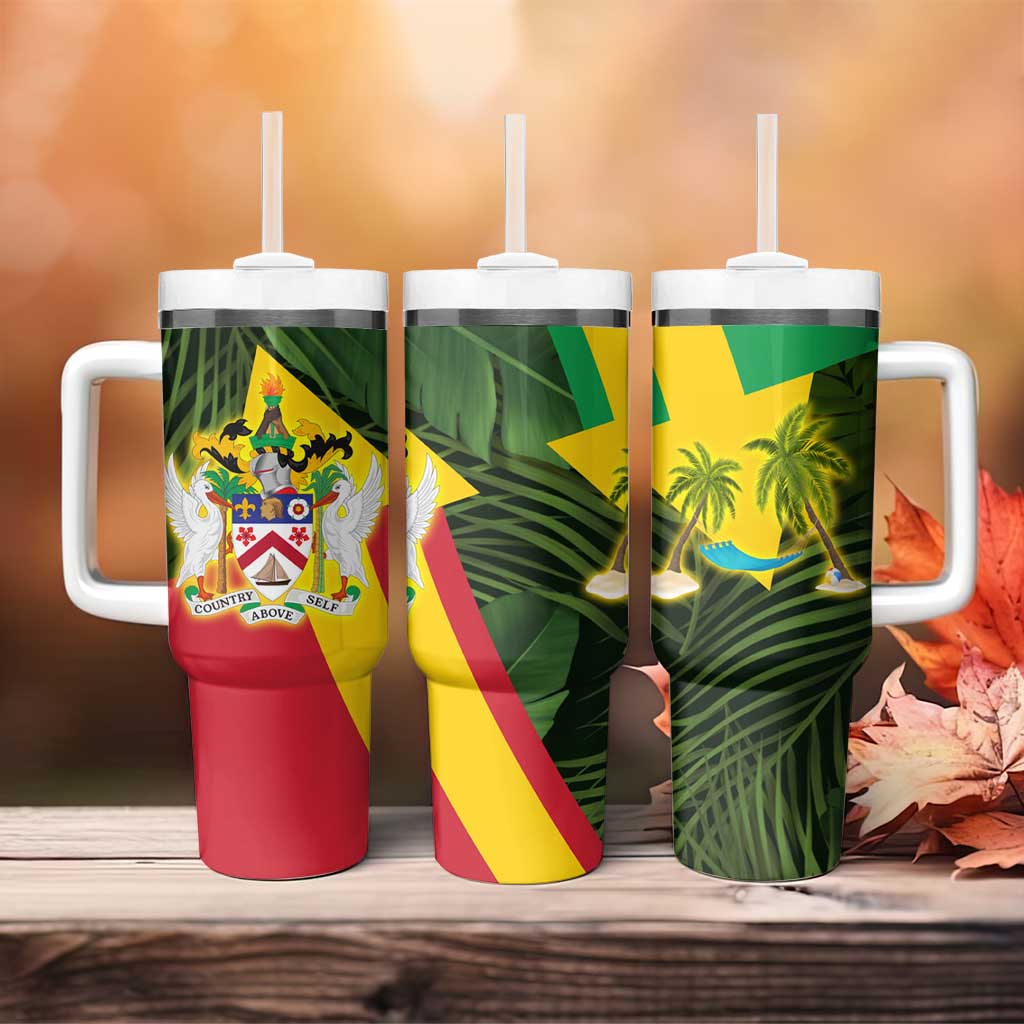 Saint Kitts and Nevis Apparel Tumbler With Handle with Coat of Arms, Palm Trees, and Hammock Graphic in Tropical Green and Flag-Inspired Design - Wonder Print Shop