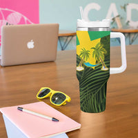 Saint Kitts and Nevis Apparel Tumbler With Handle with Coat of Arms, Palm Trees, and Hammock Graphic in Tropical Green and Flag-Inspired Design - Wonder Print Shop