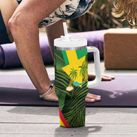 Saint Kitts and Nevis Apparel Tumbler With Handle with Coat of Arms, Palm Trees, and Hammock Graphic in Tropical Green and Flag-Inspired Design - Wonder Print Shop