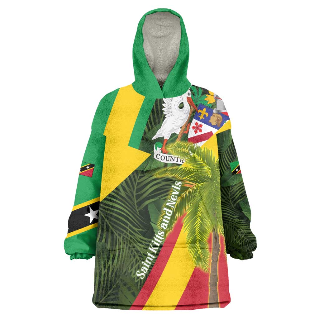 Saint Kitts and Nevis Apparel Wearable Blanket Hoodie with Coat of Arms, Palm Trees, and Hammock Graphic in Tropical Green and Flag-Inspired Design - Wonder Print Shop