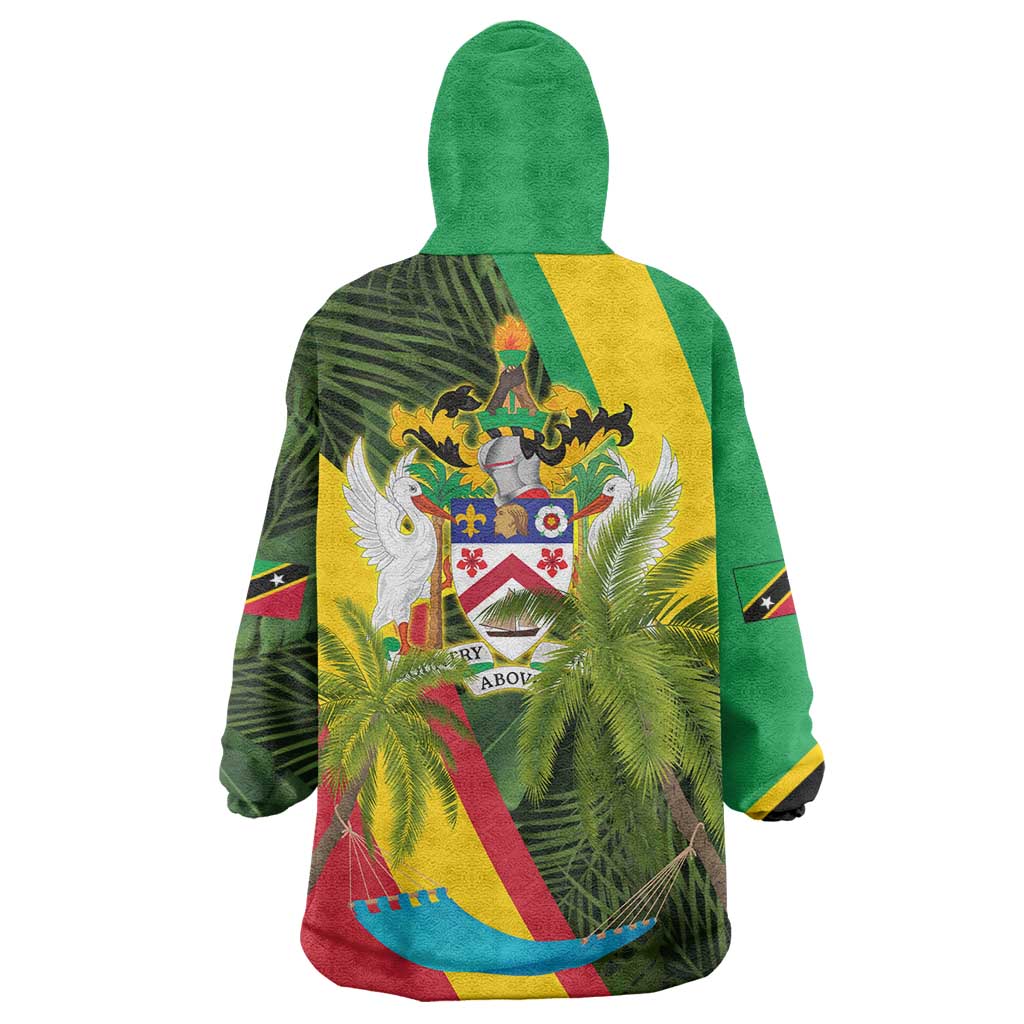 Saint Kitts and Nevis Apparel Wearable Blanket Hoodie with Coat of Arms, Palm Trees, and Hammock Graphic in Tropical Green and Flag-Inspired Design - Wonder Print Shop