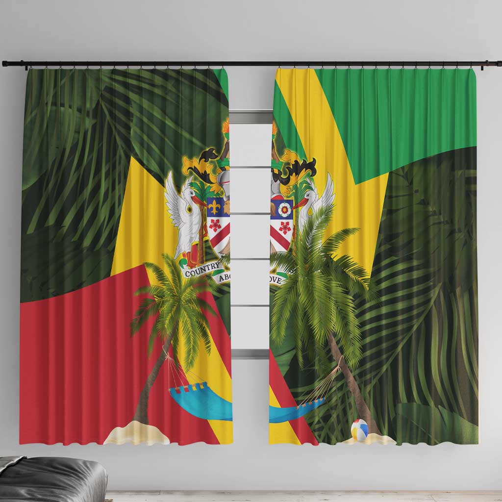 Saint Kitts and Nevis Apparel Window Curtain with Coat of Arms, Palm Trees, and Hammock Graphic in Tropical Green and Flag-Inspired Design - Wonder Print Shop