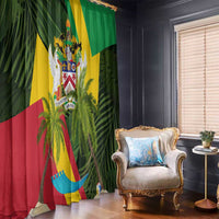 Saint Kitts and Nevis Apparel Window Curtain with Coat of Arms, Palm Trees, and Hammock Graphic in Tropical Green and Flag-Inspired Design - Wonder Print Shop