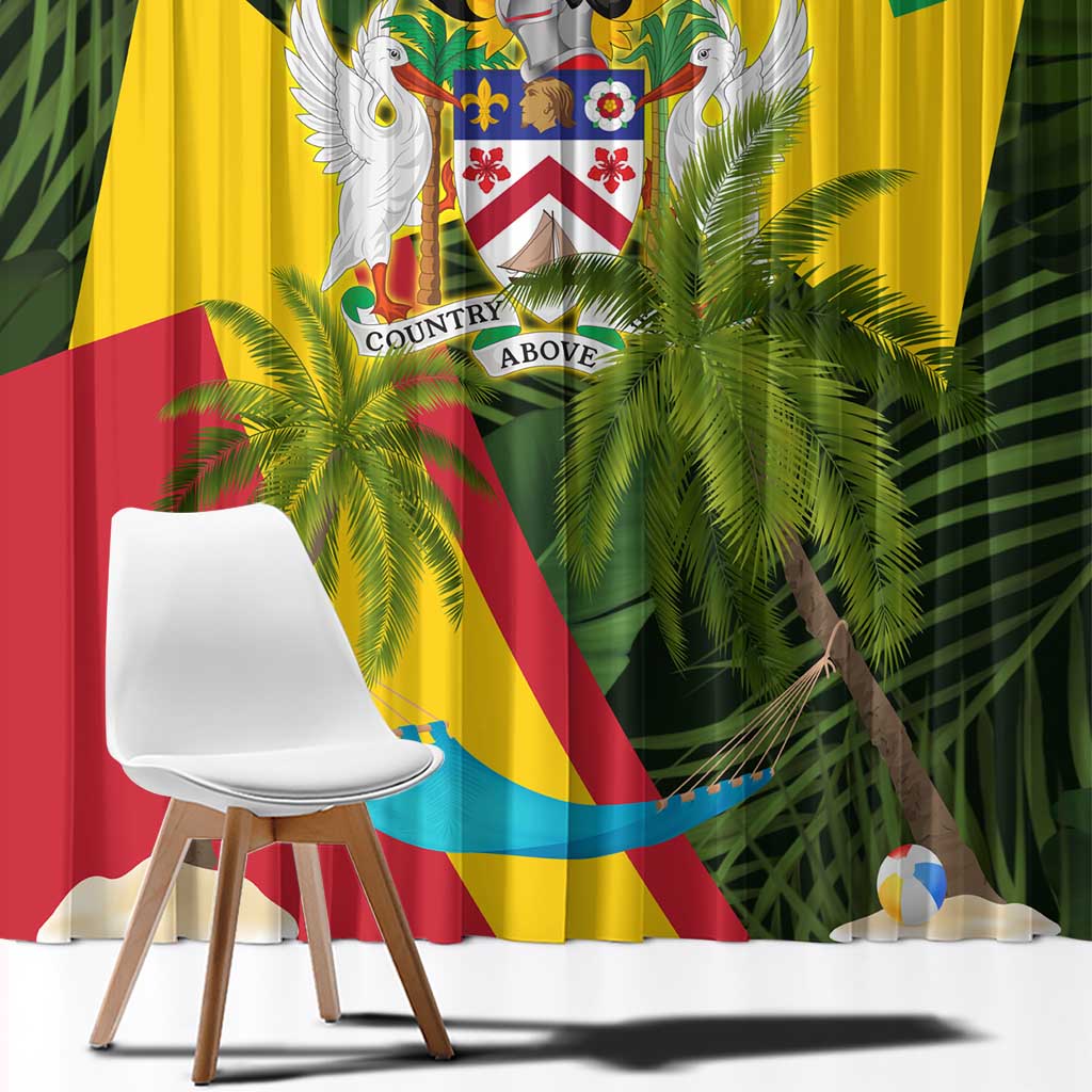 Saint Kitts and Nevis Apparel Window Curtain with Coat of Arms, Palm Trees, and Hammock Graphic in Tropical Green and Flag-Inspired Design - Wonder Print Shop