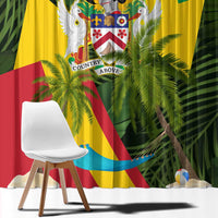 Saint Kitts and Nevis Apparel Window Curtain with Coat of Arms, Palm Trees, and Hammock Graphic in Tropical Green and Flag-Inspired Design - Wonder Print Shop