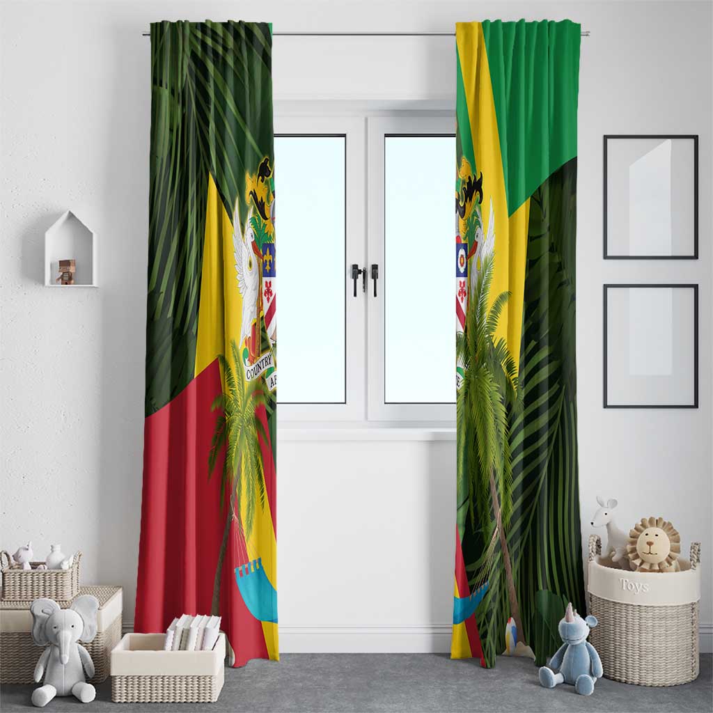 Saint Kitts and Nevis Apparel Window Curtain with Coat of Arms, Palm Trees, and Hammock Graphic in Tropical Green and Flag-Inspired Design - Wonder Print Shop