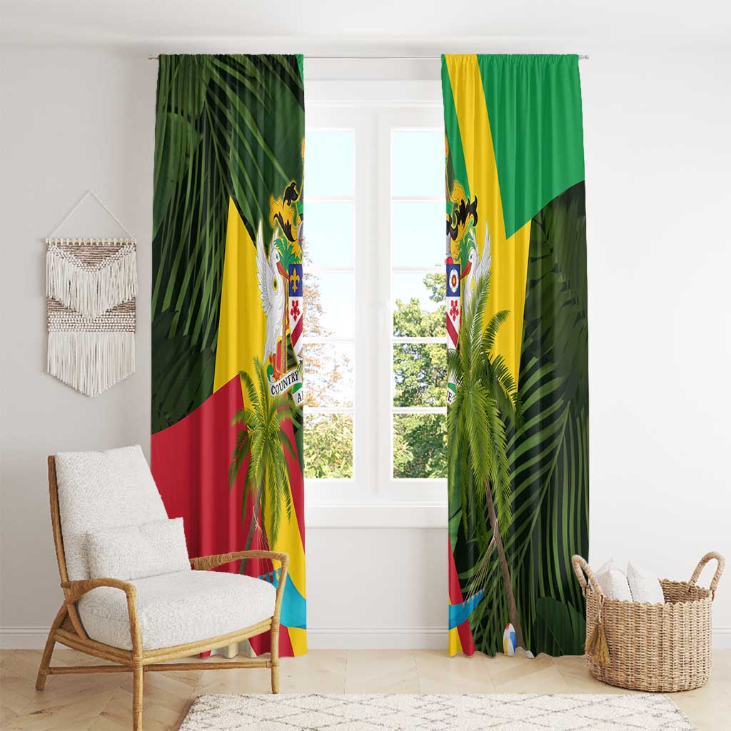 Saint Kitts and Nevis Apparel Window Curtain with Coat of Arms, Palm Trees, and Hammock Graphic in Tropical Green and Flag-Inspired Design - Wonder Print Shop