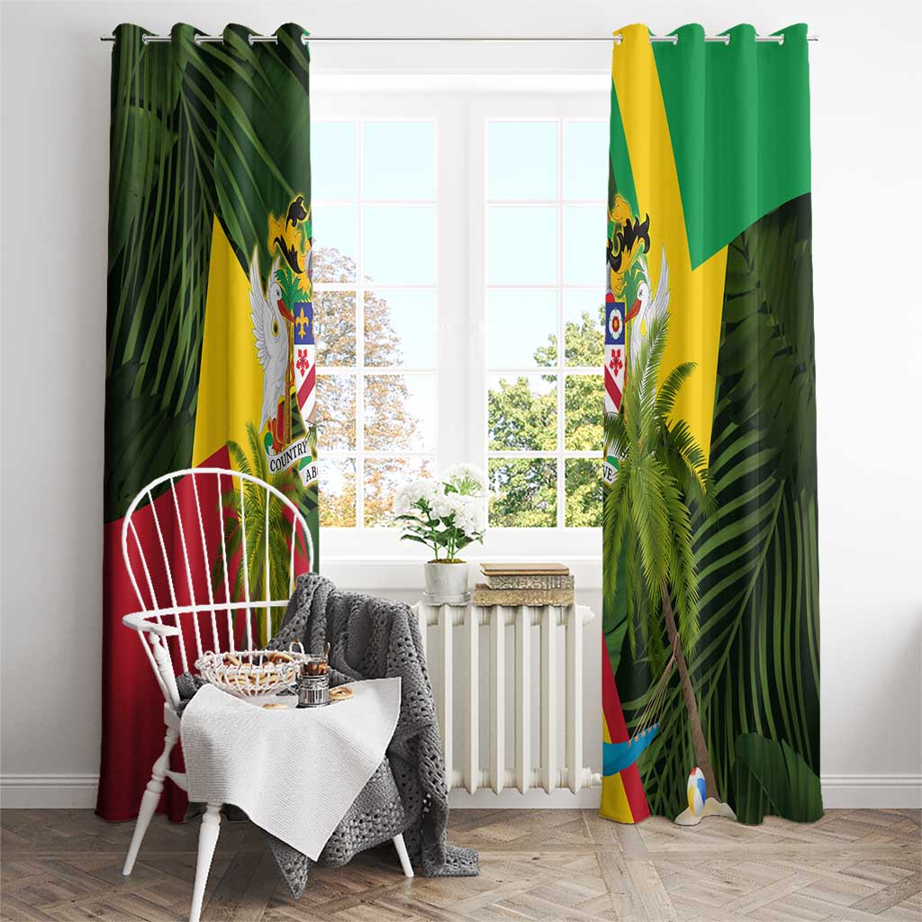 Saint Kitts and Nevis Apparel Window Curtain with Coat of Arms, Palm Trees, and Hammock Graphic in Tropical Green and Flag-Inspired Design - Wonder Print Shop