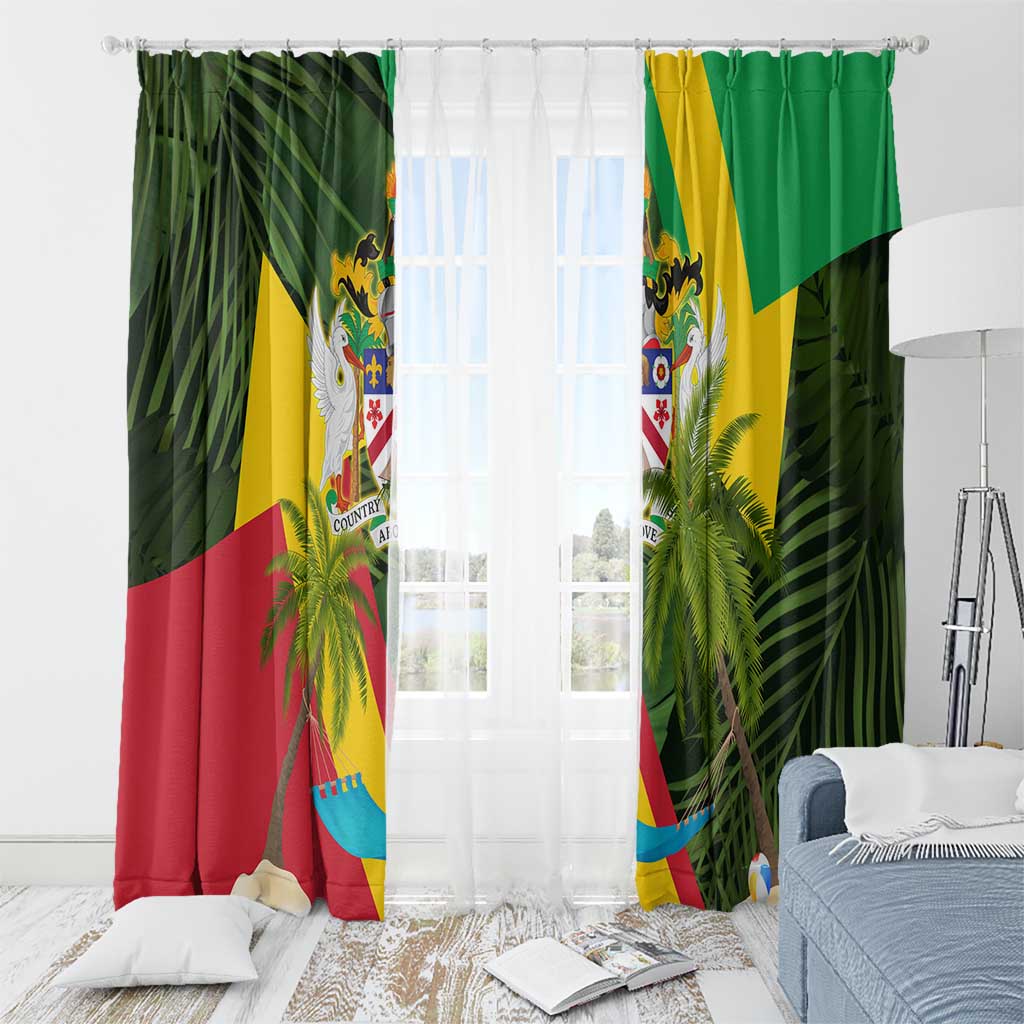 Saint Kitts and Nevis Apparel Window Curtain with Coat of Arms, Palm Trees, and Hammock Graphic in Tropical Green and Flag-Inspired Design - Wonder Print Shop