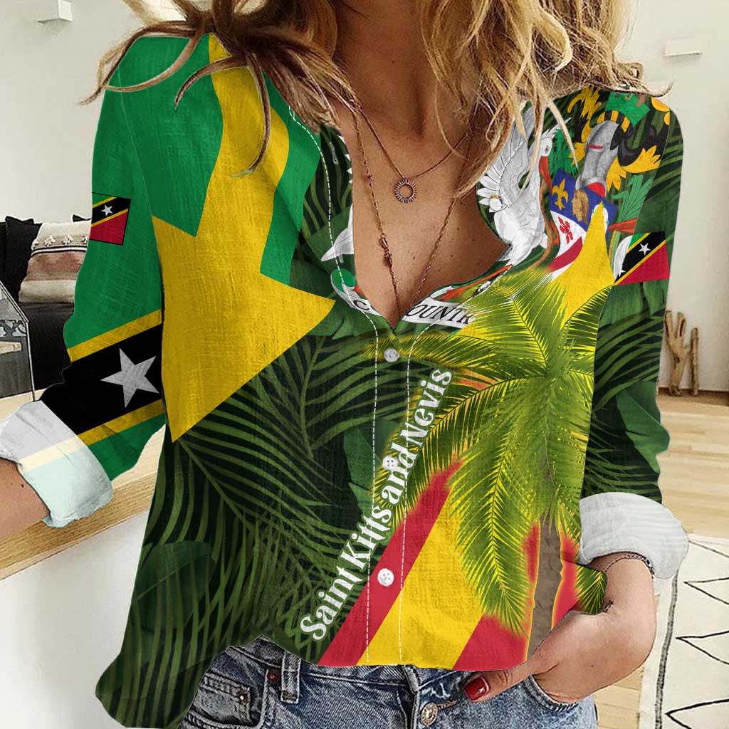 Saint Kitts and Nevis Apparel Women Casual Shirt with Coat of Arms, Palm Trees, and Hammock Graphic in Tropical Green and Flag-Inspired Design - Wonder Print Shop