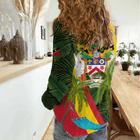 Saint Kitts and Nevis Apparel Women Casual Shirt with Coat of Arms, Palm Trees, and Hammock Graphic in Tropical Green and Flag-Inspired Design - Wonder Print Shop