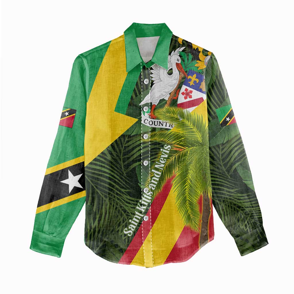 Saint Kitts and Nevis Apparel Women Casual Shirt with Coat of Arms, Palm Trees, and Hammock Graphic in Tropical Green and Flag-Inspired Design - Wonder Print Shop
