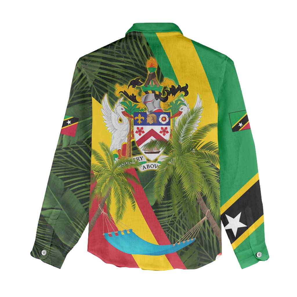 Saint Kitts and Nevis Apparel Women Casual Shirt with Coat of Arms, Palm Trees, and Hammock Graphic in Tropical Green and Flag-Inspired Design - Wonder Print Shop