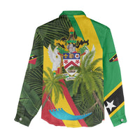 Saint Kitts and Nevis Apparel Women Casual Shirt with Coat of Arms, Palm Trees, and Hammock Graphic in Tropical Green and Flag-Inspired Design - Wonder Print Shop