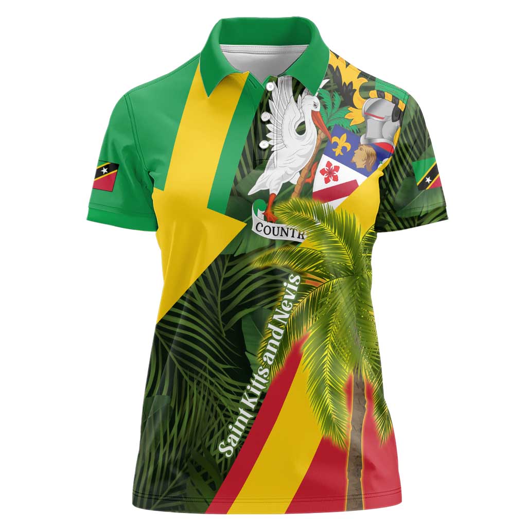 Saint Kitts and Nevis Apparel Women Polo Shirt with Coat of Arms, Palm Trees, and Hammock Graphic in Tropical Green and Flag-Inspired Design - Wonder Print Shop