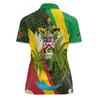 Saint Kitts and Nevis Apparel Women Polo Shirt with Coat of Arms, Palm Trees, and Hammock Graphic in Tropical Green and Flag-Inspired Design - Wonder Print Shop