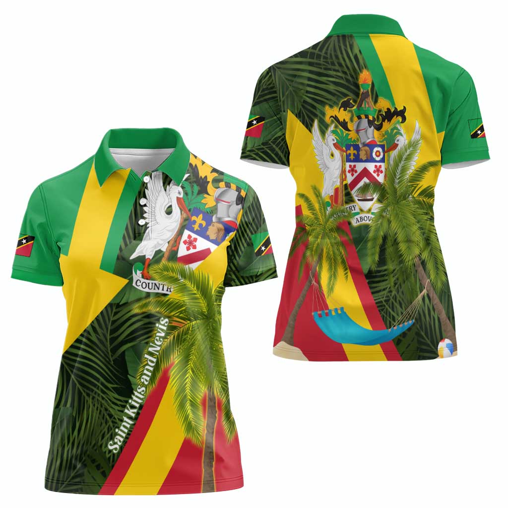 Saint Kitts and Nevis Apparel Women Polo Shirt with Coat of Arms, Palm Trees, and Hammock Graphic in Tropical Green and Flag-Inspired Design - Wonder Print Shop