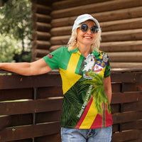 Saint Kitts and Nevis Apparel Women Polo Shirt with Coat of Arms, Palm Trees, and Hammock Graphic in Tropical Green and Flag-Inspired Design - Wonder Print Shop