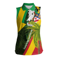 Saint Kitts and Nevis Apparel Women Sleeveless Polo Shirt with Coat of Arms, Palm Trees, and Hammock Graphic in Tropical Green and Flag-Inspired Design - Wonder Print Shop