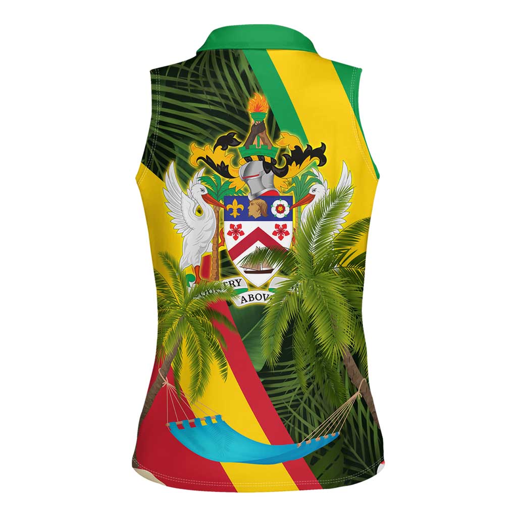 Saint Kitts and Nevis Apparel Women Sleeveless Polo Shirt with Coat of Arms, Palm Trees, and Hammock Graphic in Tropical Green and Flag-Inspired Design - Wonder Print Shop