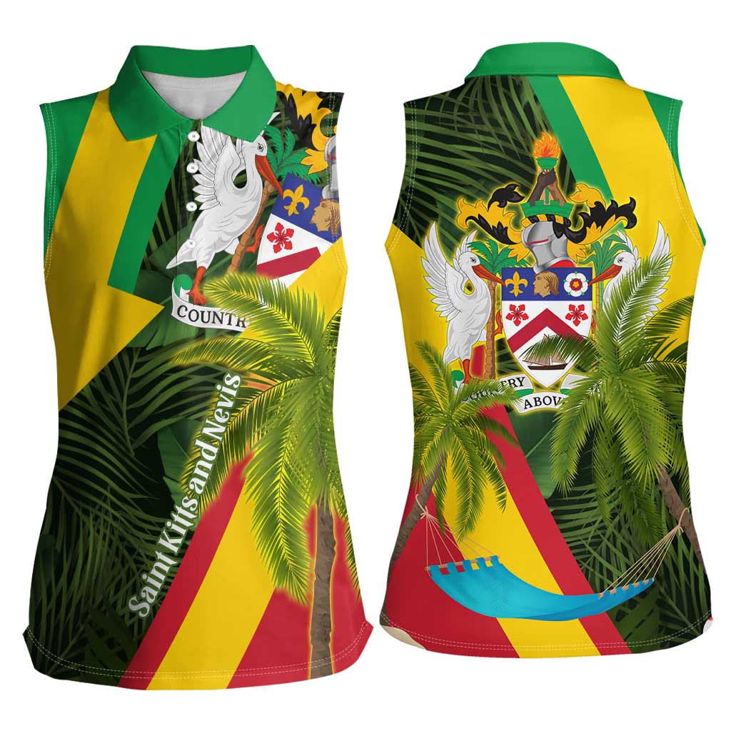 Saint Kitts and Nevis Apparel Women Sleeveless Polo Shirt with Coat of Arms, Palm Trees, and Hammock Graphic in Tropical Green and Flag-Inspired Design - Wonder Print Shop