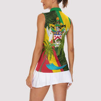 Saint Kitts and Nevis Apparel Women Sleeveless Polo Shirt with Coat of Arms, Palm Trees, and Hammock Graphic in Tropical Green and Flag-Inspired Design - Wonder Print Shop