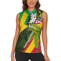 Saint Kitts and Nevis Apparel Women Sleeveless Polo Shirt with Coat of Arms, Palm Trees, and Hammock Graphic in Tropical Green and Flag-Inspired Design - Wonder Print Shop