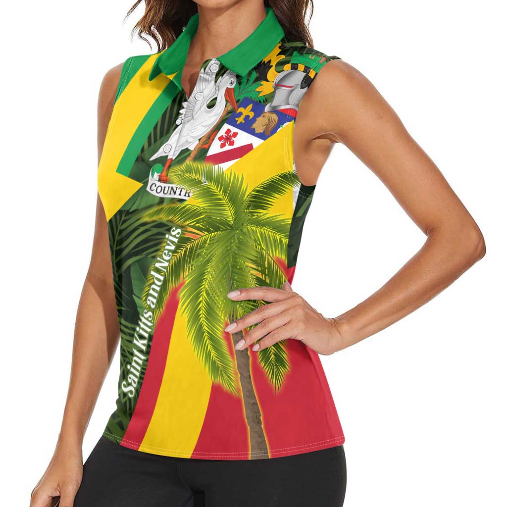 Saint Kitts and Nevis Apparel Women Sleeveless Polo Shirt with Coat of Arms, Palm Trees, and Hammock Graphic in Tropical Green and Flag-Inspired Design - Wonder Print Shop