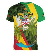 Saint Kitts and Nevis Apparel Women V-Neck T-Shirt with Coat of Arms, Palm Trees, and Hammock Graphic in Tropical Green and Flag-Inspired Design - Wonder Print Shop