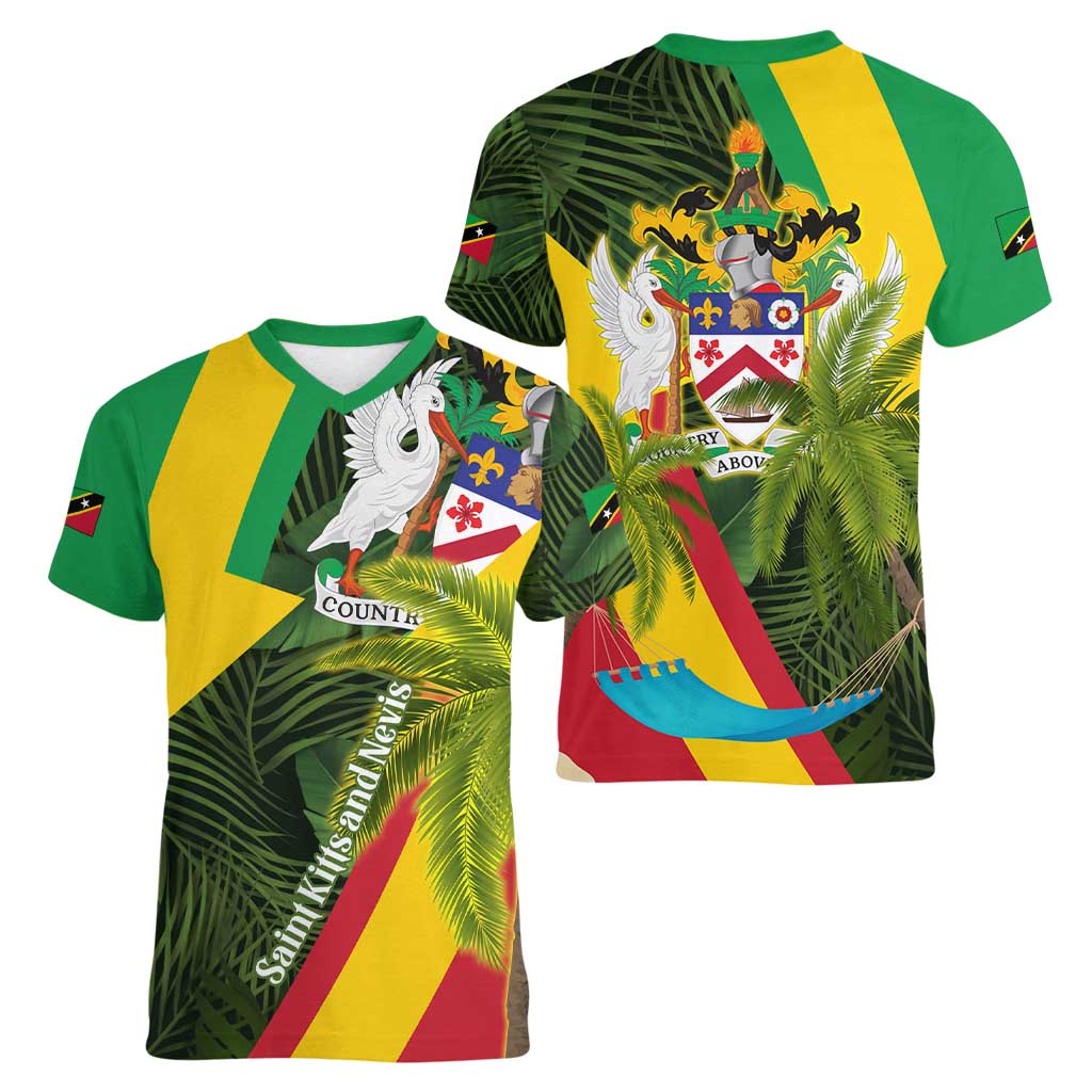 Saint Kitts and Nevis Apparel Women V-Neck T-Shirt with Coat of Arms, Palm Trees, and Hammock Graphic in Tropical Green and Flag-Inspired Design - Wonder Print Shop