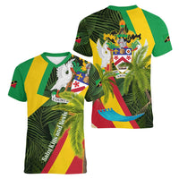 Saint Kitts and Nevis Apparel Women V-Neck T-Shirt with Coat of Arms, Palm Trees, and Hammock Graphic in Tropical Green and Flag-Inspired Design - Wonder Print Shop