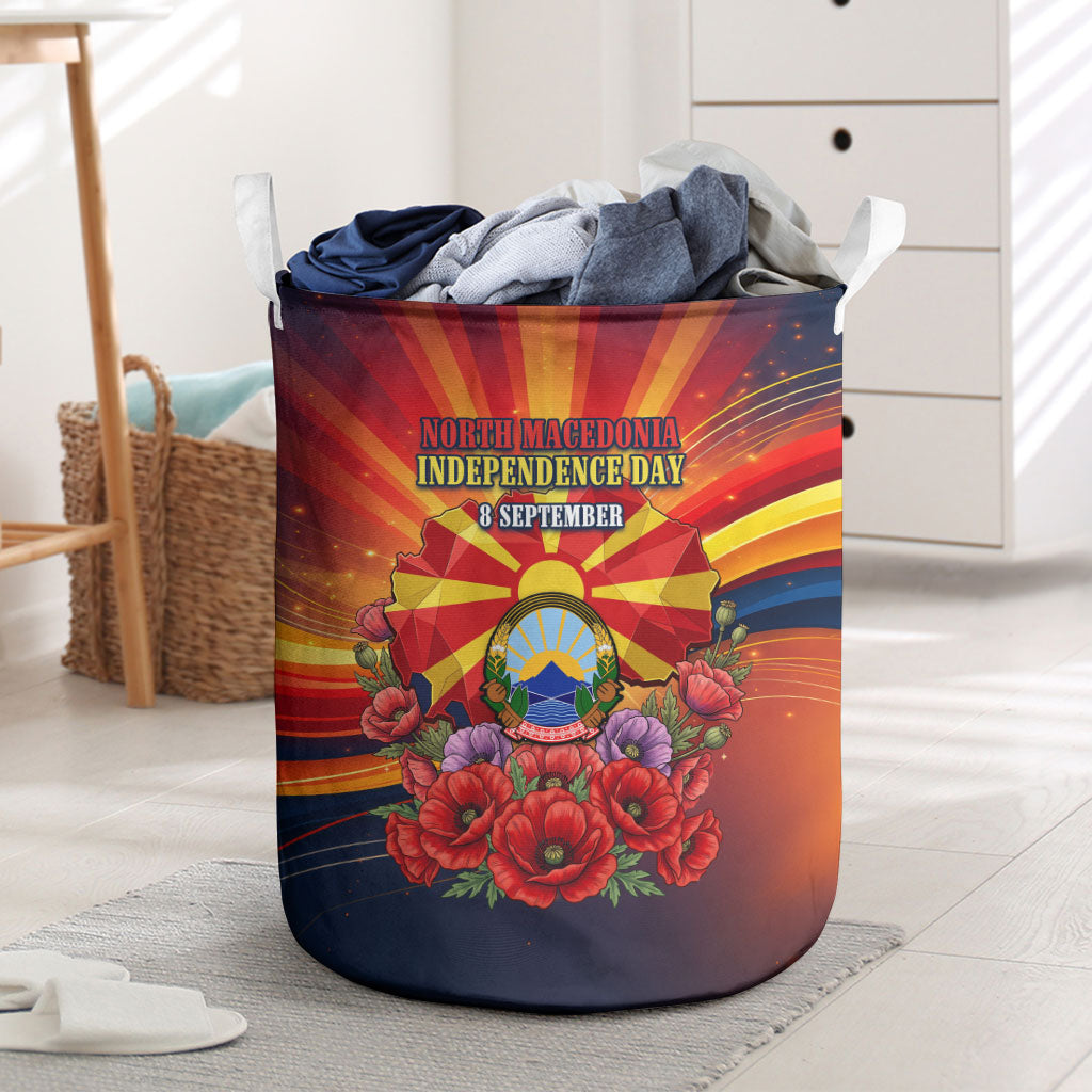 North Macedonia Independence Day Laundry Basket Balkan Lynx Red Poppy Flowers Church Flag