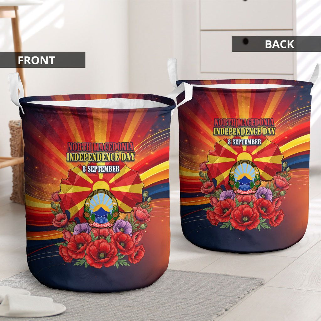 North Macedonia Independence Day Laundry Basket Balkan Lynx Red Poppy Flowers Church Flag