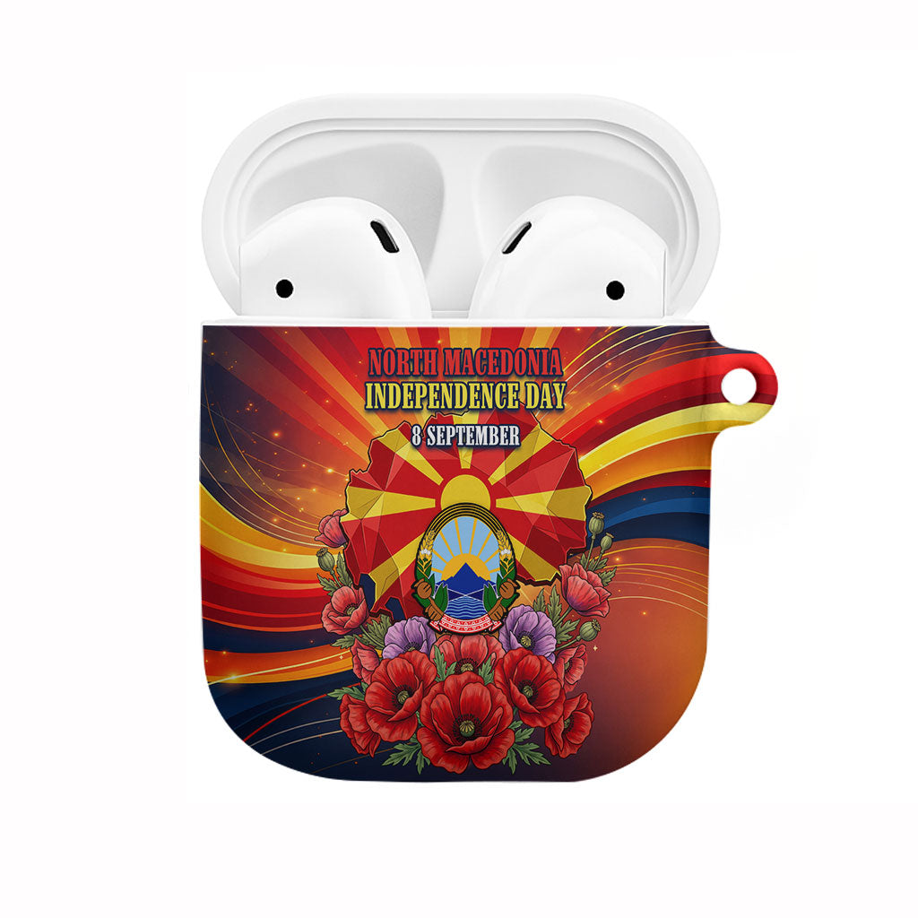 North Macedonia Independence Day AirPods Case Balkan Lynx Red Poppy Flowers Church Flag