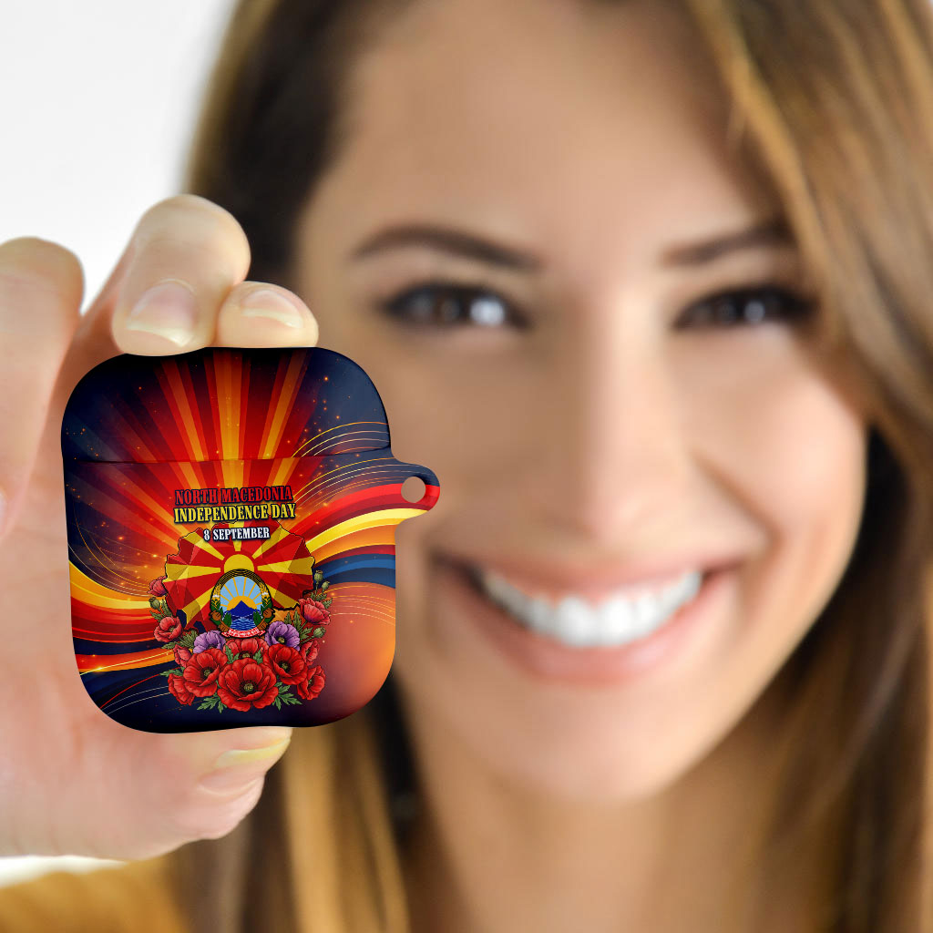 North Macedonia Independence Day AirPods Case Balkan Lynx Red Poppy Flowers Church Flag