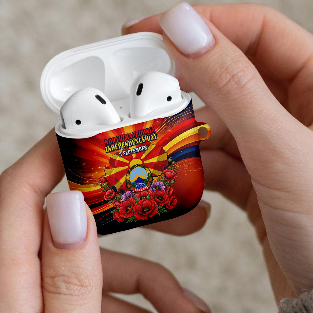 North Macedonia Independence Day AirPods Case Balkan Lynx Red Poppy Flowers Church Flag