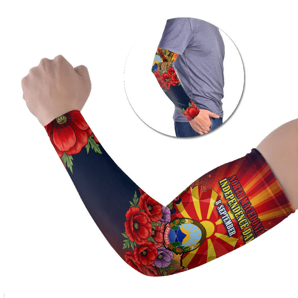 North Macedonia Independence Day Arm Sleeves Balkan Lynx Red Poppy Flowers Church Flag