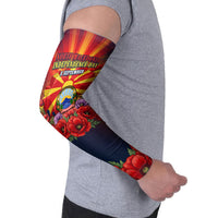 North Macedonia Independence Day Arm Sleeves Balkan Lynx Red Poppy Flowers Church Flag