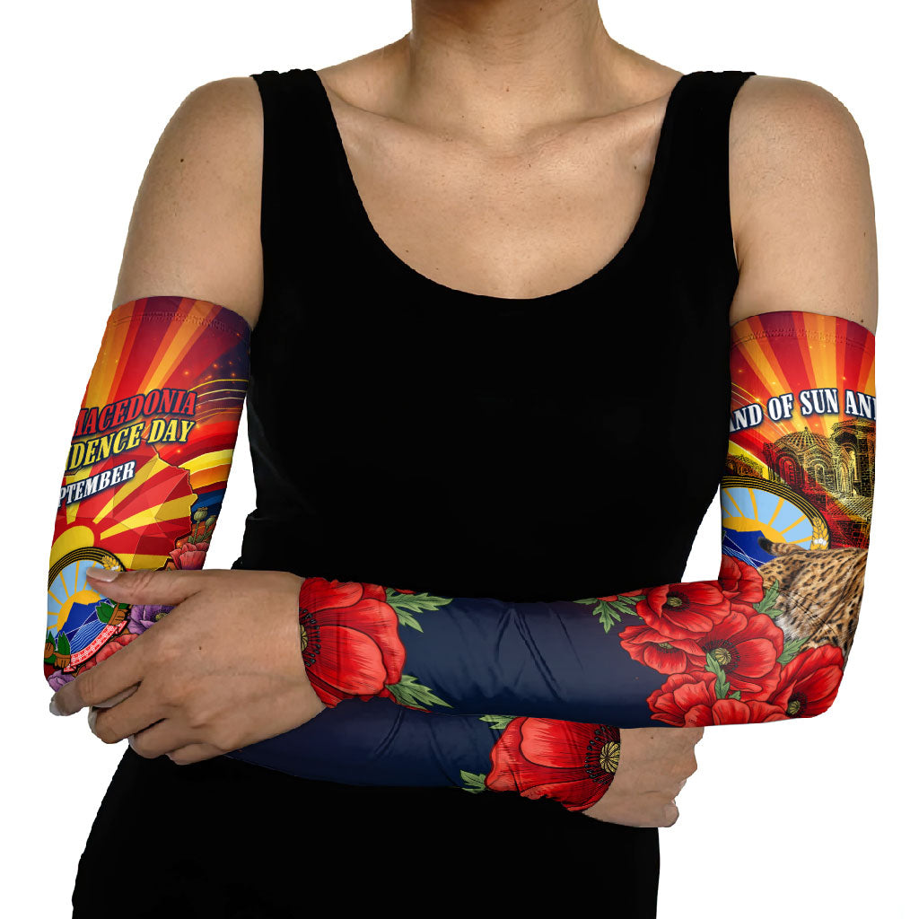 North Macedonia Independence Day Arm Sleeves Balkan Lynx Red Poppy Flowers Church Flag