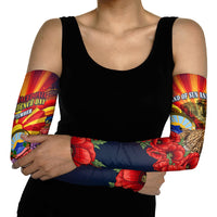 North Macedonia Independence Day Arm Sleeves Balkan Lynx Red Poppy Flowers Church Flag