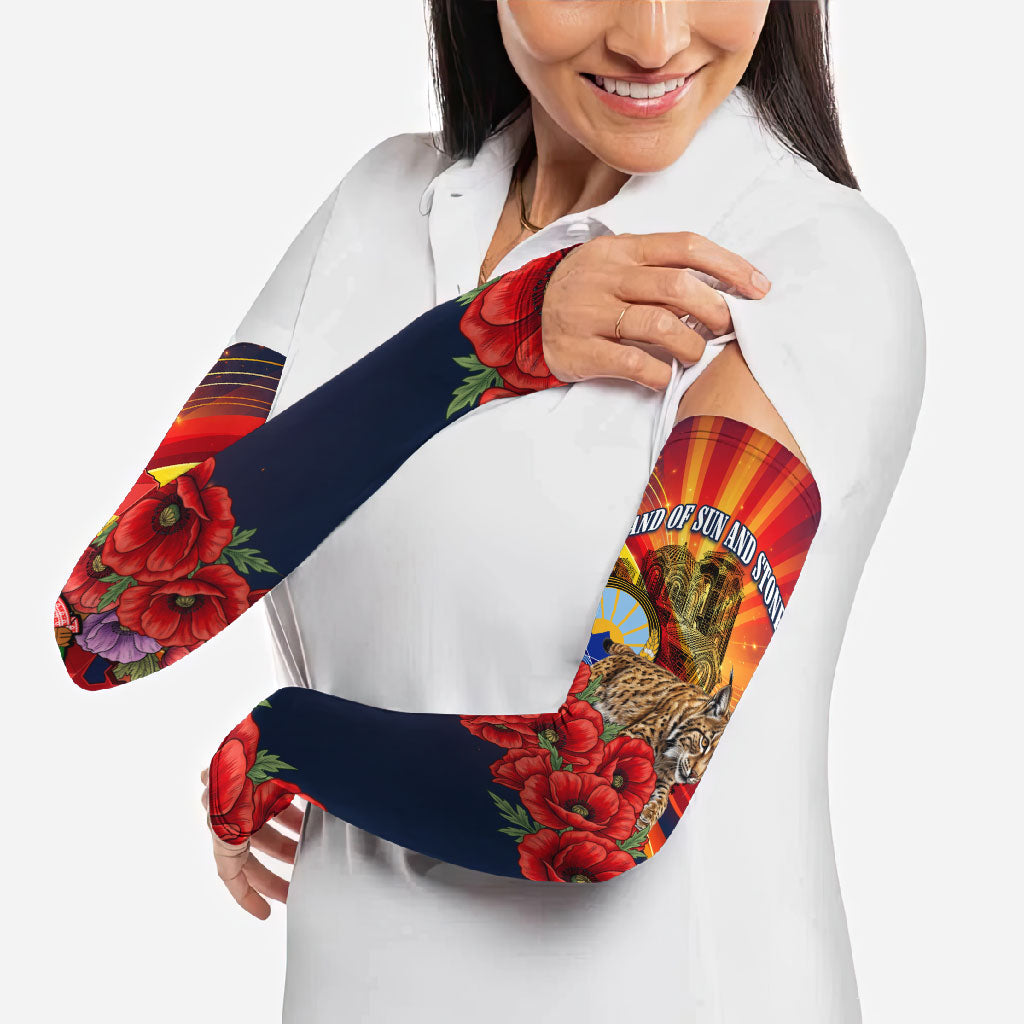 North Macedonia Independence Day Arm Sleeves Balkan Lynx Red Poppy Flowers Church Flag