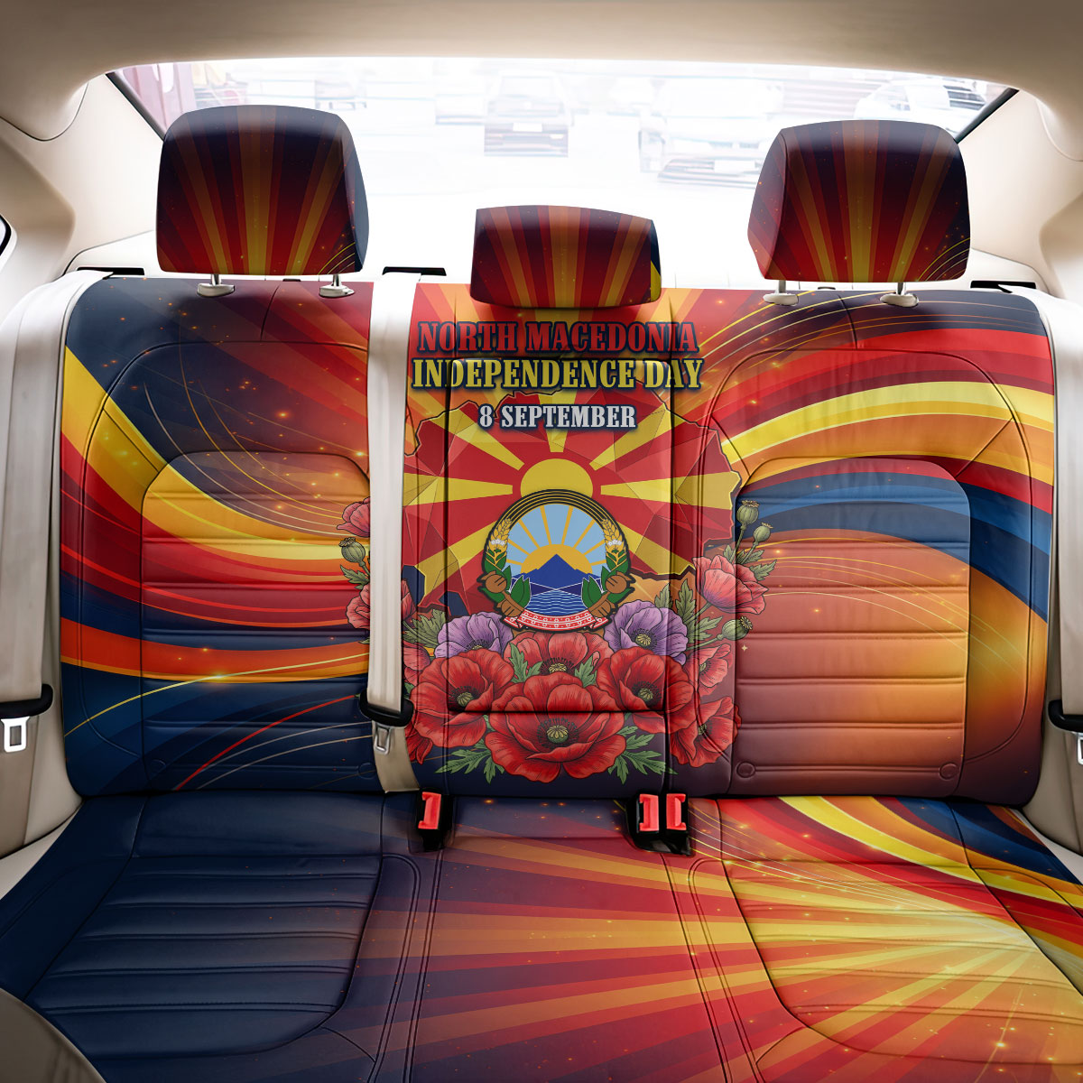 North Macedonia Independence Day Back Car Seat Cover Balkan Lynx Red Poppy Flowers Church Flag