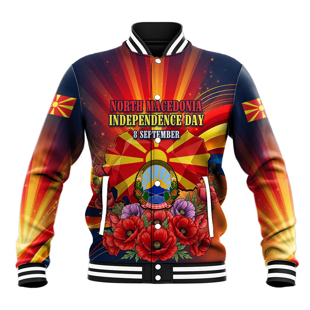North Macedonia Independence Day Baseball Jacket Balkan Lynx Red Poppy Flowers Church Flag