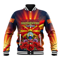 North Macedonia Independence Day Baseball Jacket Balkan Lynx Red Poppy Flowers Church Flag