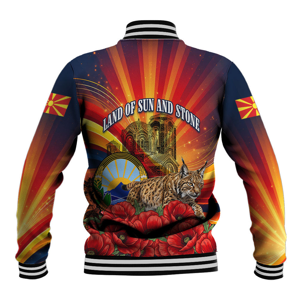 North Macedonia Independence Day Baseball Jacket Balkan Lynx Red Poppy Flowers Church Flag