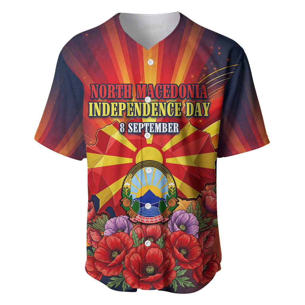 North Macedonia Independence Day Baseball Jersey Balkan Lynx Red Poppy Flowers Church Flag