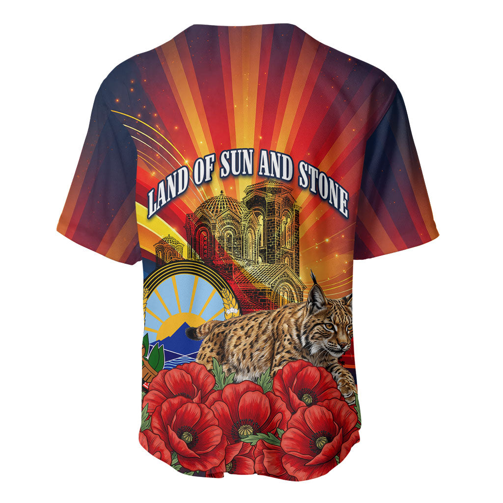 North Macedonia Independence Day Baseball Jersey Balkan Lynx Red Poppy Flowers Church Flag